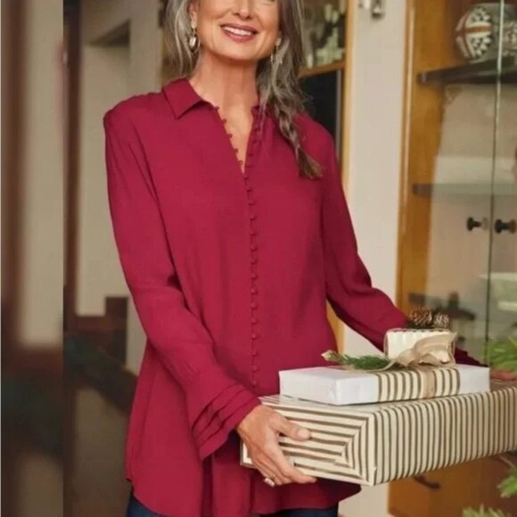 Soft Surroundings Moroccan Red Crepe Poet Blouse Ruffled Sleeves Plus 3X - Picture 10 of 10